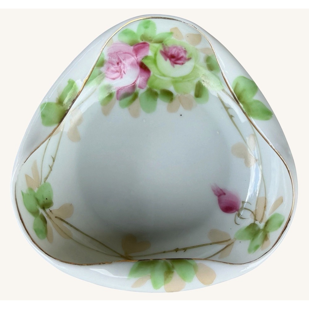 Antique Shofu Nippon Tri Corner Porcelain Bowl Hand Painted Pink Roses Gold Gilt